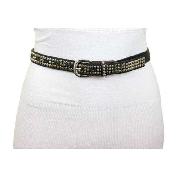 Women Black Faux Leather Skinny Belt + Wallet Bag Silver Studs Size S M z037 main image 14